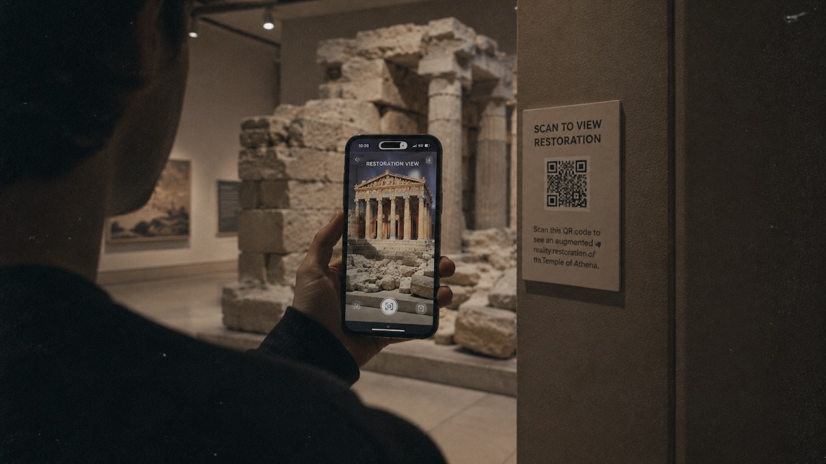 Inside a museum gallery with golden lighting